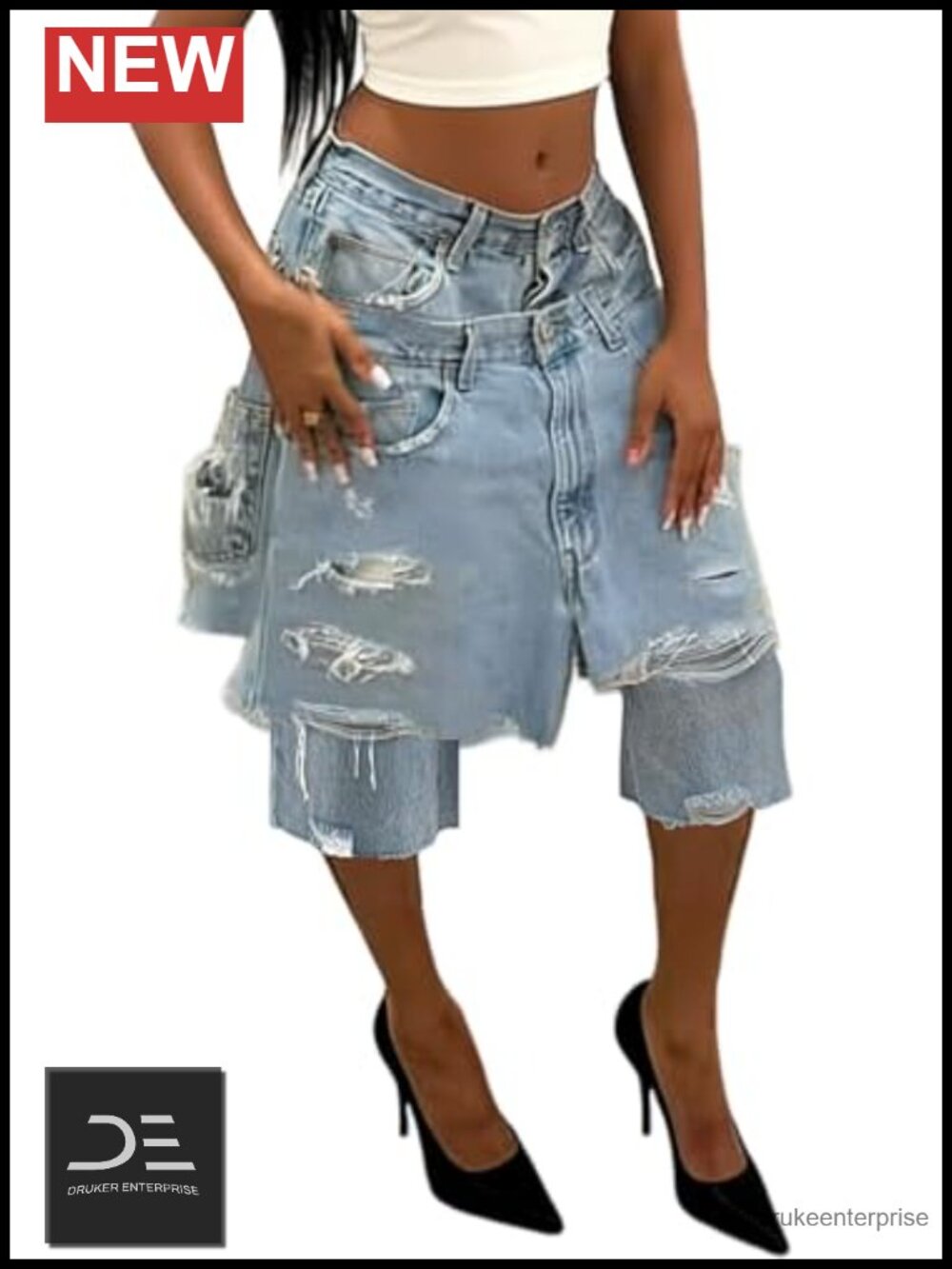 Women Ripped Vegan Leather Patchwork High Rise Baggy Wide Leg Capri Jeans